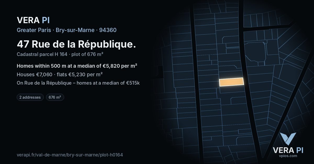 47 Rue de la République, Bry-sur-Marne at night – the plot lit, the parcels around coloured by the prices near them