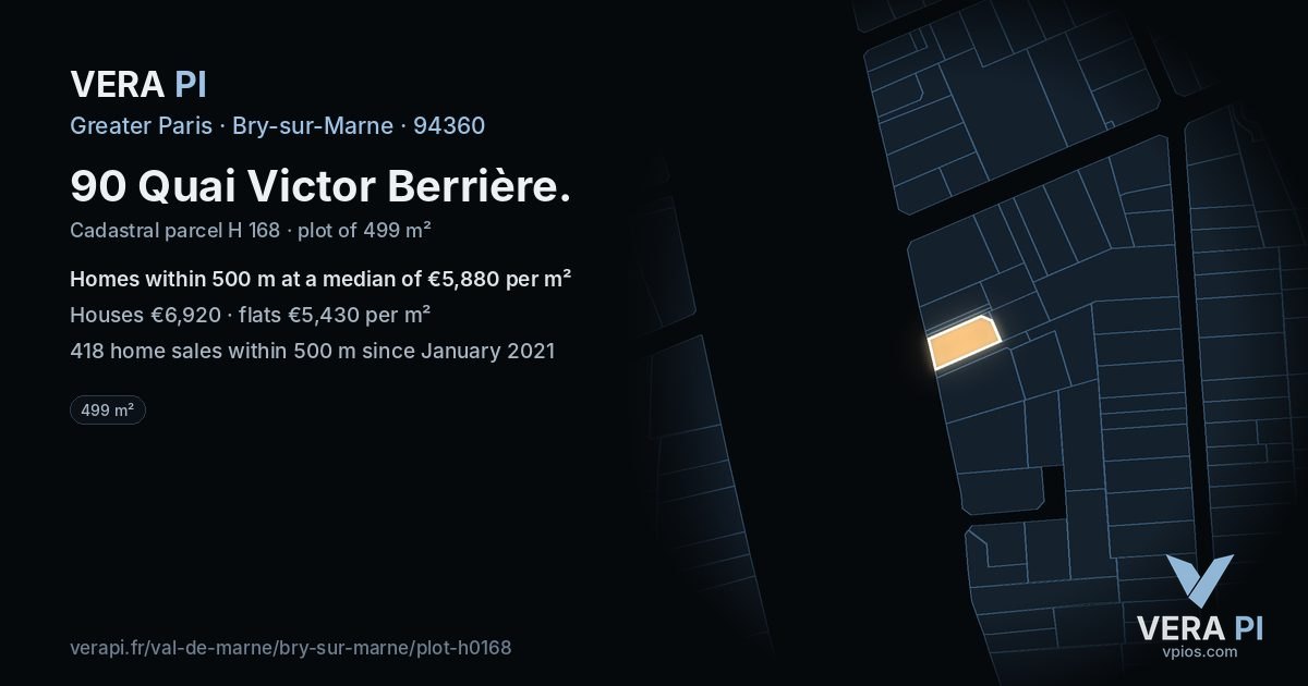 90 Quai Victor Berrière, Bry-sur-Marne at night – the plot lit, the parcels around coloured by the prices near them