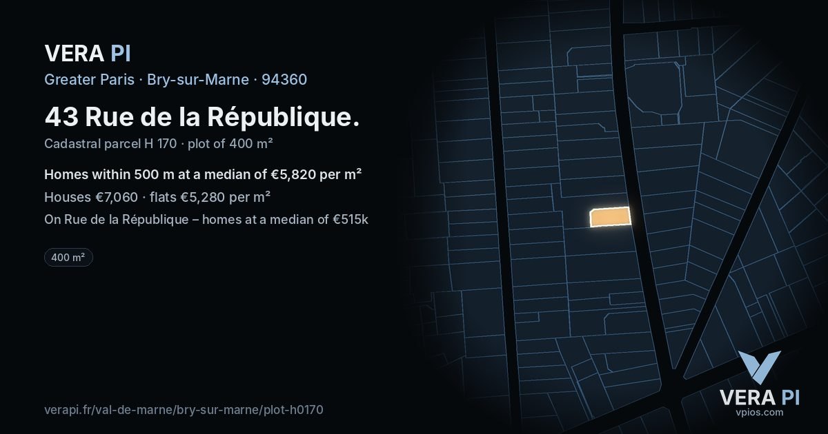 43 Rue de la République, Bry-sur-Marne at night – the plot lit, the parcels around coloured by the prices near them