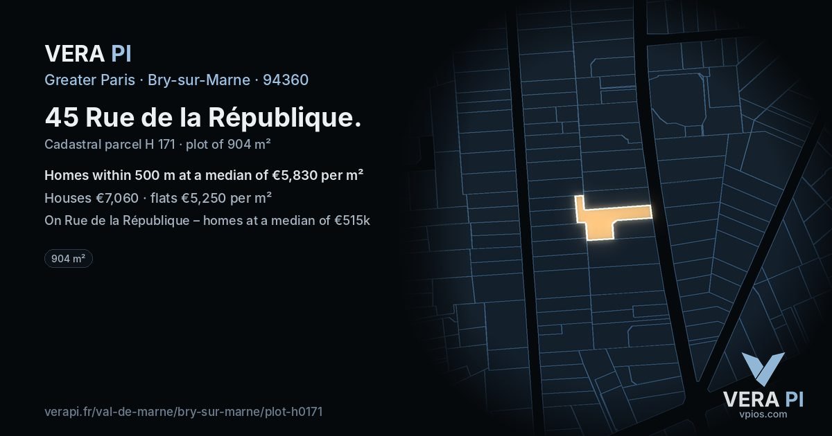 45 Rue de la République, Bry-sur-Marne at night – the plot lit, the parcels around coloured by the prices near them