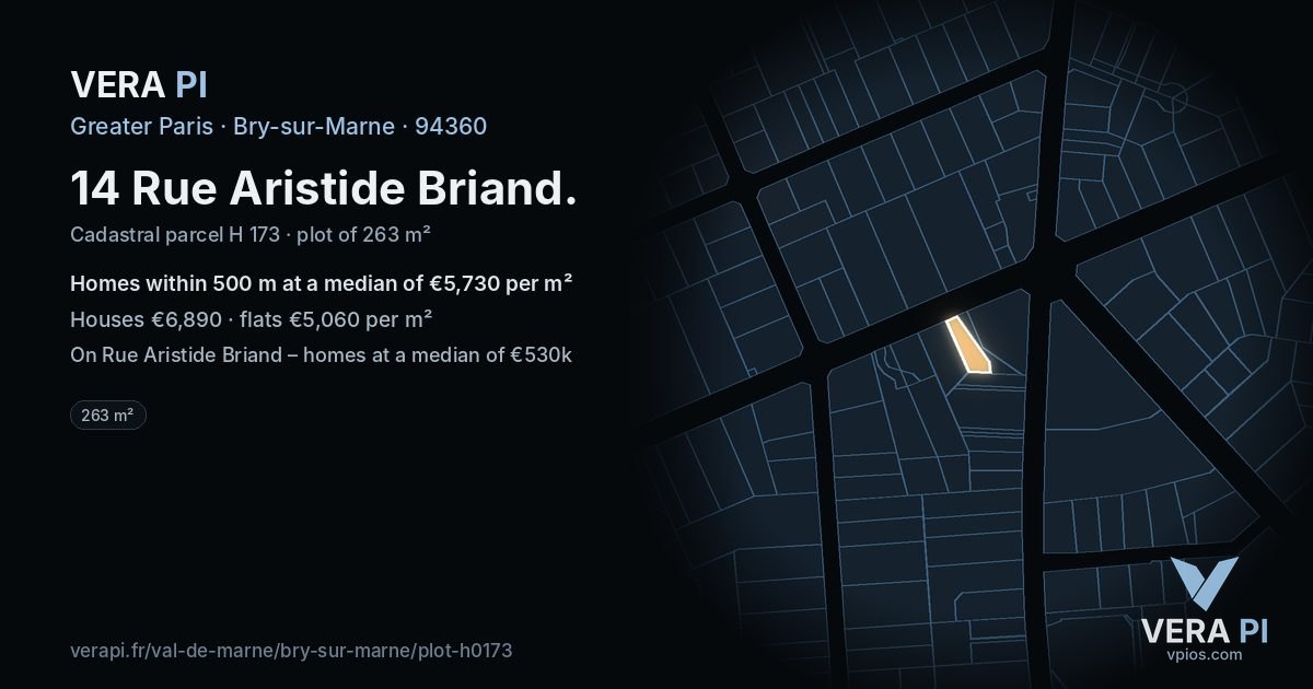 14 Rue Aristide Briand, Bry-sur-Marne at night – the plot lit, the parcels around coloured by the prices near them