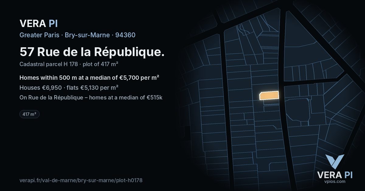 57 Rue de la République, Bry-sur-Marne at night – the plot lit, the parcels around coloured by the prices near them
