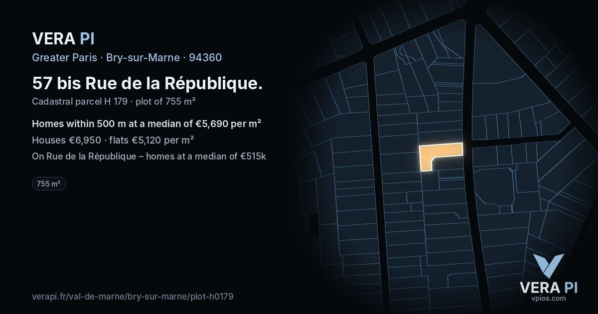 57 bis Rue de la République, Bry-sur-Marne at night – the plot lit, the parcels around coloured by the prices near them