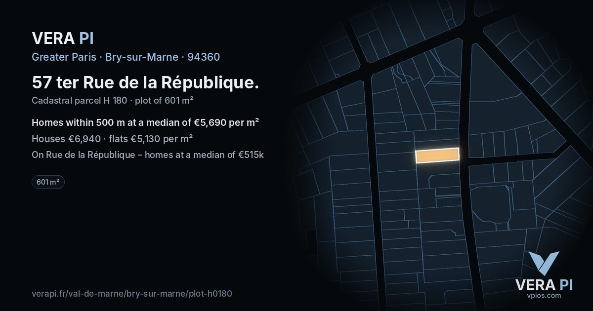 57 ter Rue de la République, Bry-sur-Marne at night – the plot lit, the parcels around coloured by the prices near them