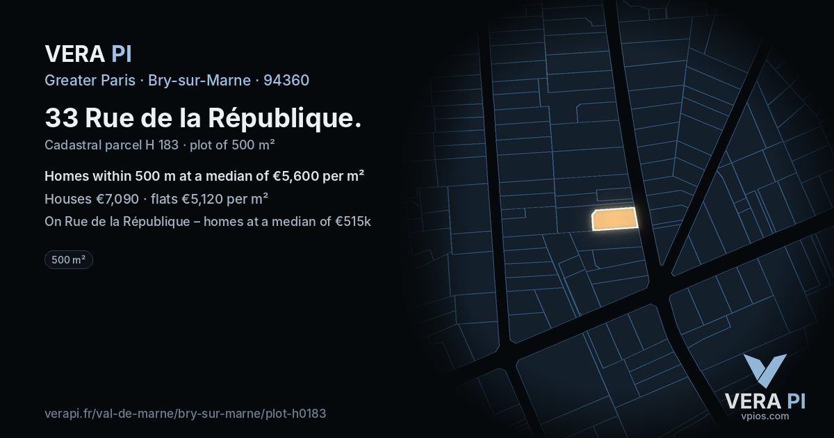 33 Rue de la République, Bry-sur-Marne at night – the plot lit, the parcels around coloured by the prices near them