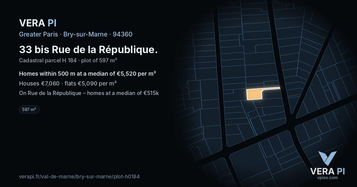 33 bis Rue de la République, Bry-sur-Marne at night – the plot lit, the parcels around coloured by the prices near them