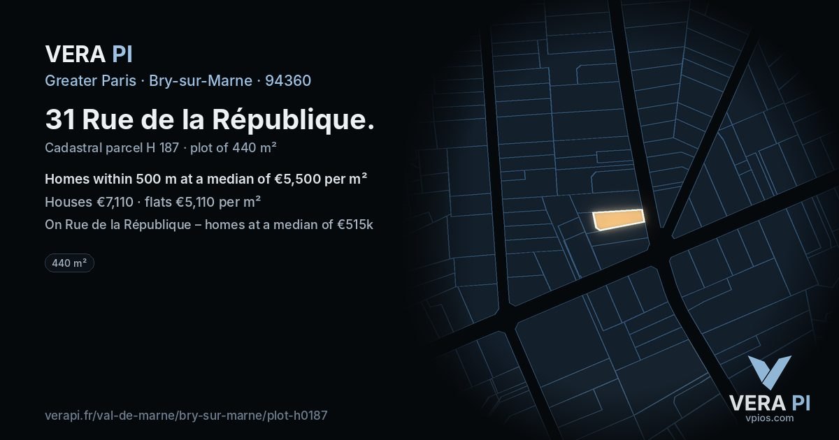 31 Rue de la République, Bry-sur-Marne at night – the plot lit, the parcels around coloured by the prices near them