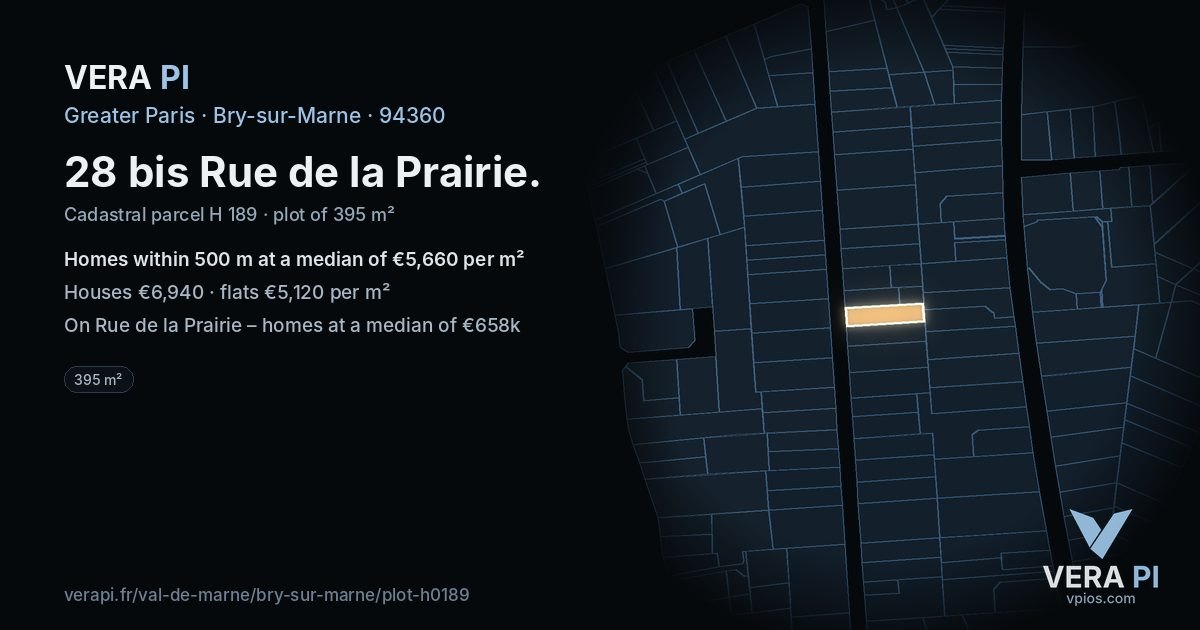 28 bis Rue de la Prairie, Bry-sur-Marne at night – the plot lit, the parcels around coloured by the prices near them