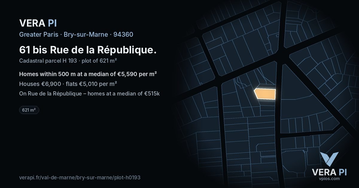 61 bis Rue de la République, Bry-sur-Marne at night – the plot lit, the parcels around coloured by the prices near them