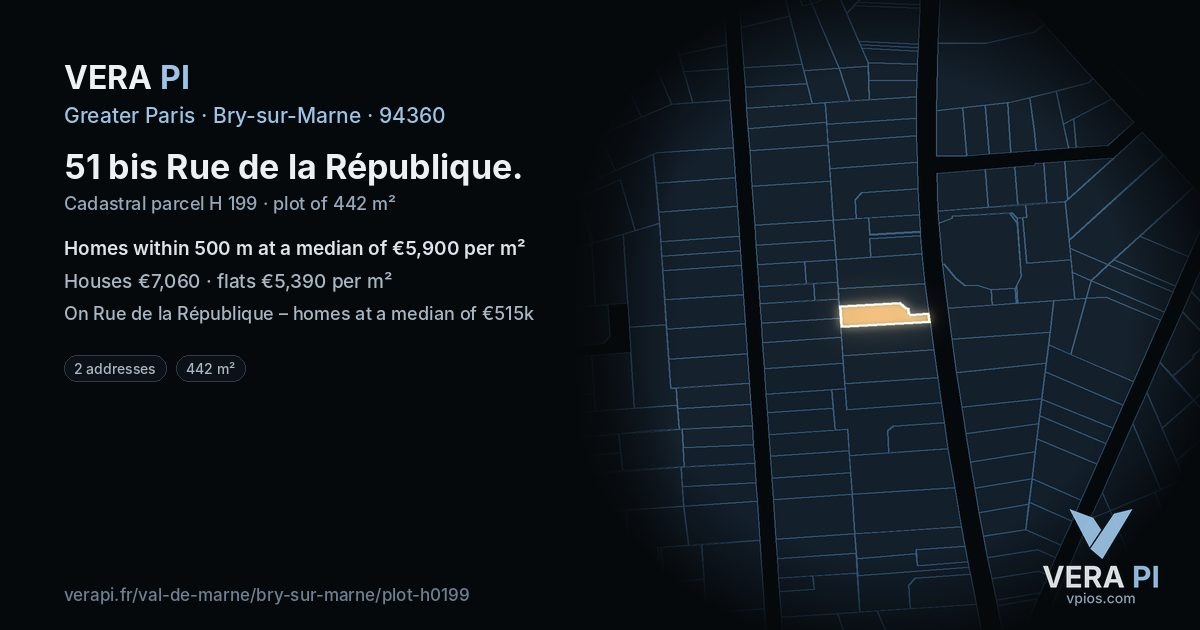 51 bis Rue de la République, Bry-sur-Marne at night – the plot lit, the parcels around coloured by the prices near them