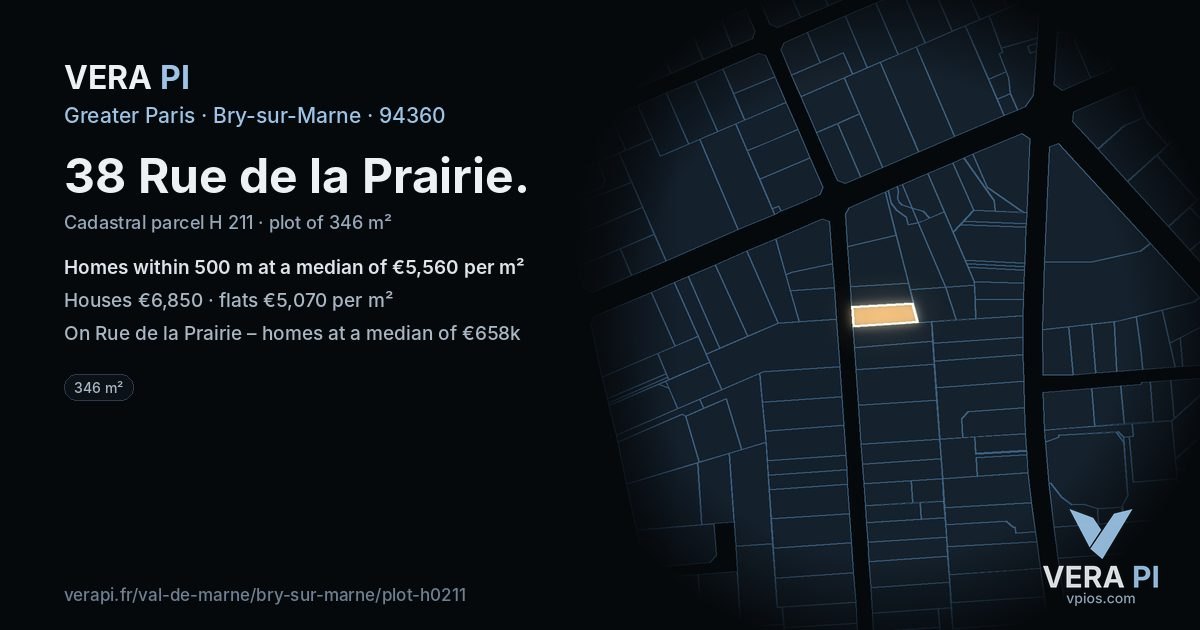 38 Rue de la Prairie, Bry-sur-Marne at night – the plot lit, the parcels around coloured by the prices near them
