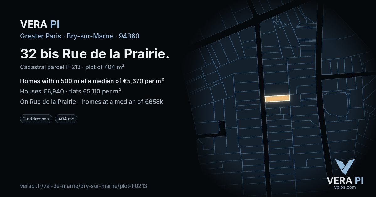 32 bis Rue de la Prairie, Bry-sur-Marne at night – the plot lit, the parcels around coloured by the prices near them