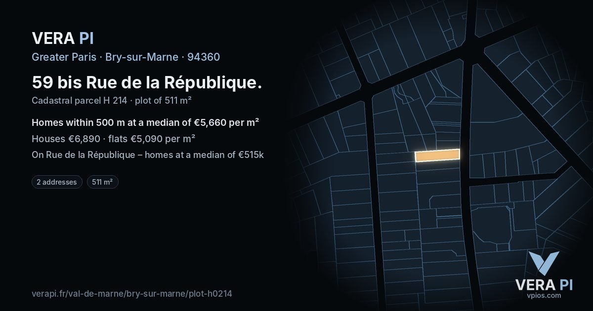 59 bis Rue de la République, Bry-sur-Marne at night – the plot lit, the parcels around coloured by the prices near them
