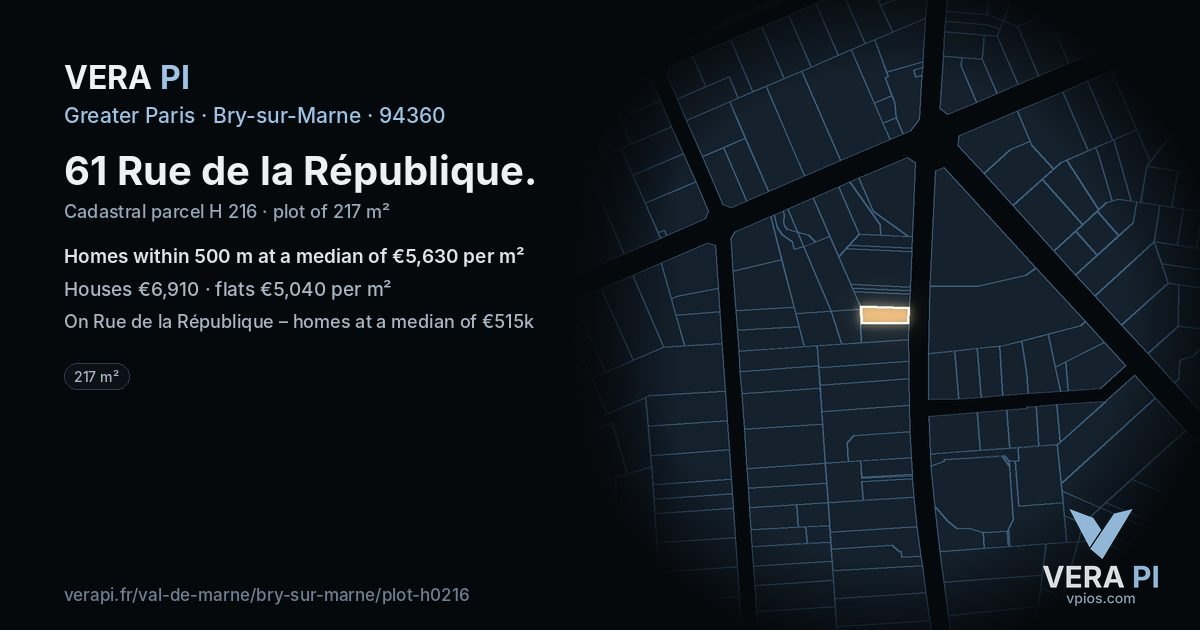 61 Rue de la République, Bry-sur-Marne at night – the plot lit, the parcels around coloured by the prices near them
