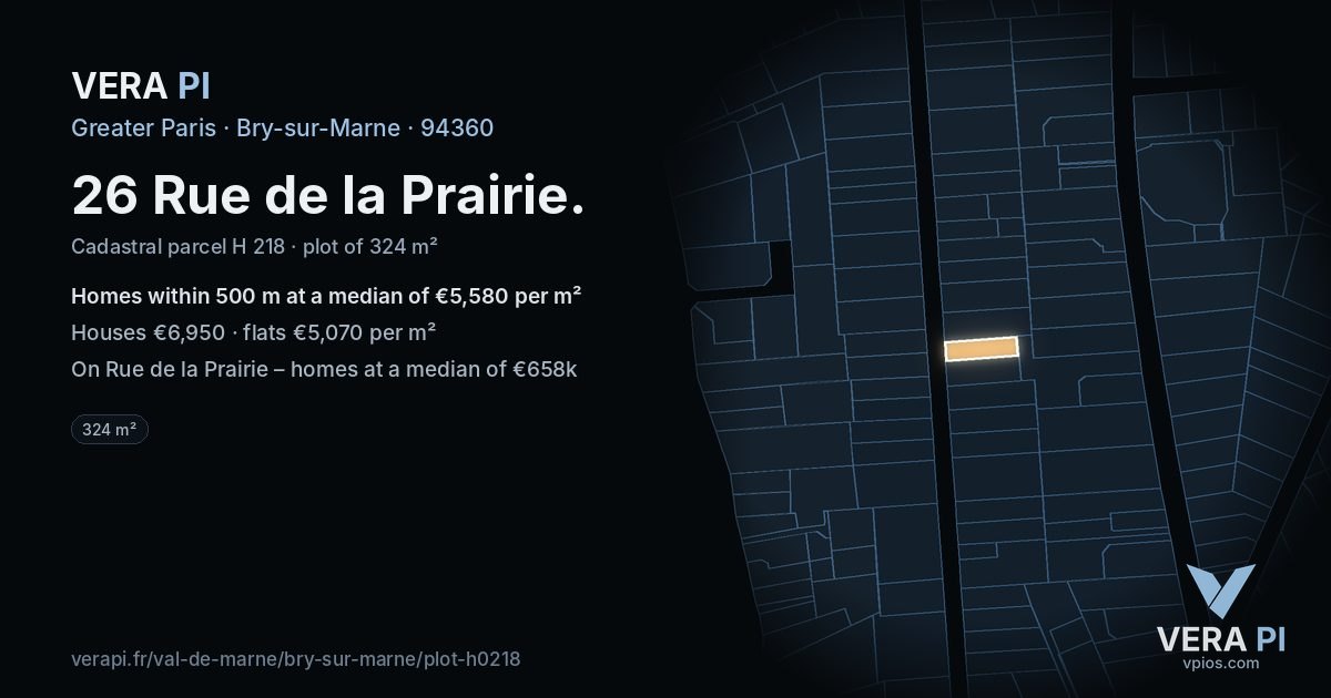 26 Rue de la Prairie, Bry-sur-Marne at night – the plot lit, the parcels around coloured by the prices near them