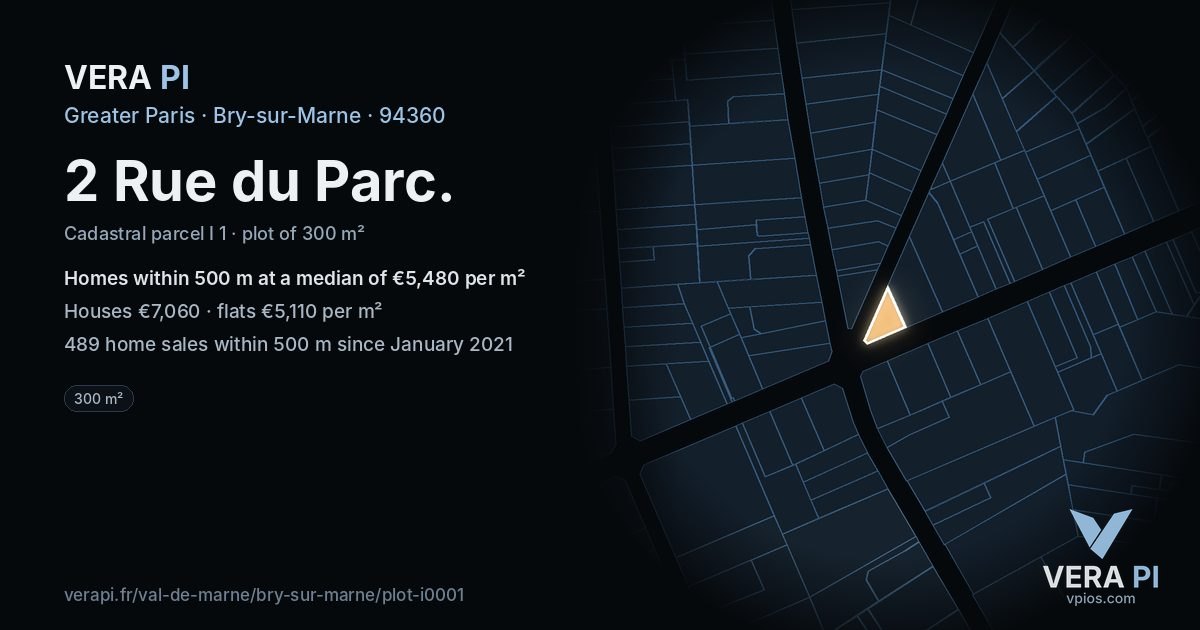 2 Rue du Parc, Bry-sur-Marne at night – the plot lit, the parcels around coloured by the prices near them