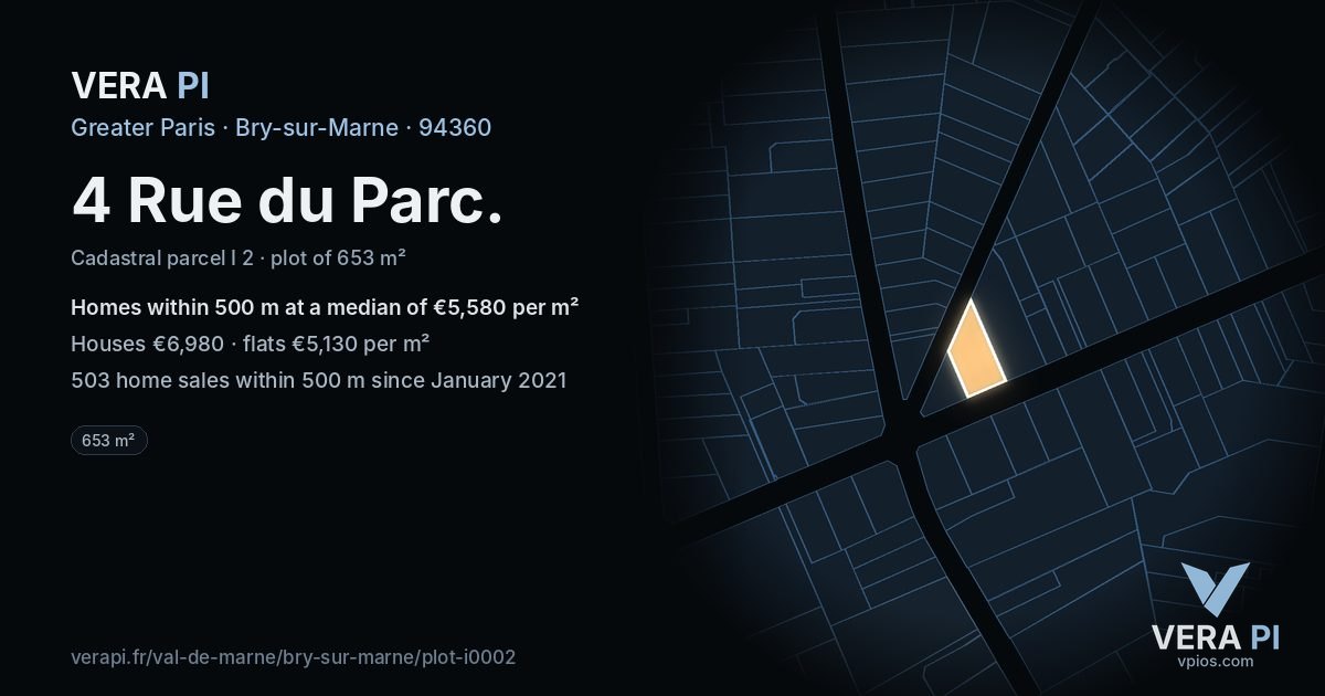 4 Rue du Parc, Bry-sur-Marne at night – the plot lit, the parcels around coloured by the prices near them