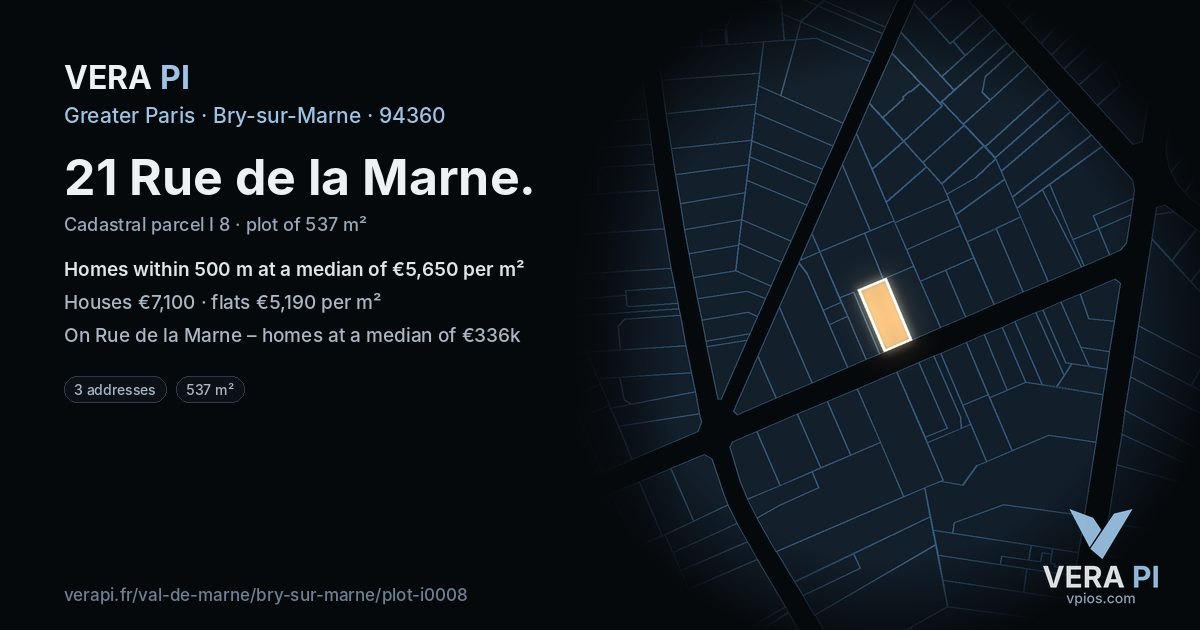 21 Rue de la Marne, Bry-sur-Marne at night – the plot lit, the parcels around coloured by the prices near them
