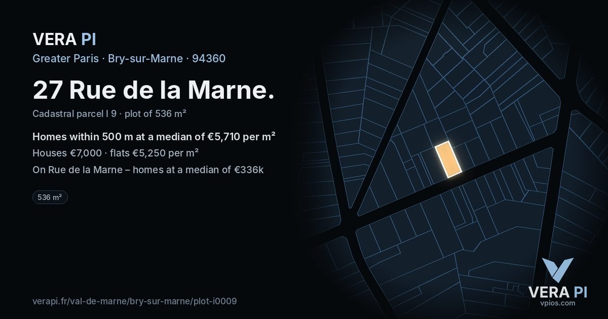 27 Rue de la Marne, Bry-sur-Marne at night – the plot lit, the parcels around coloured by the prices near them