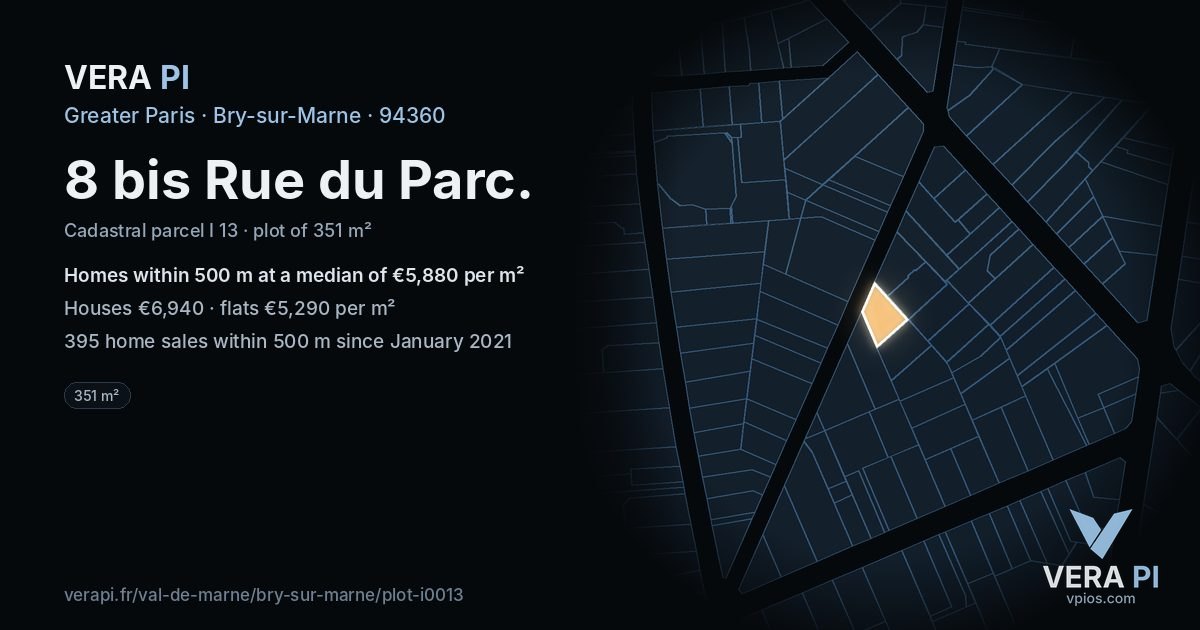 8 bis Rue du Parc, Bry-sur-Marne at night – the plot lit, the parcels around coloured by the prices near them