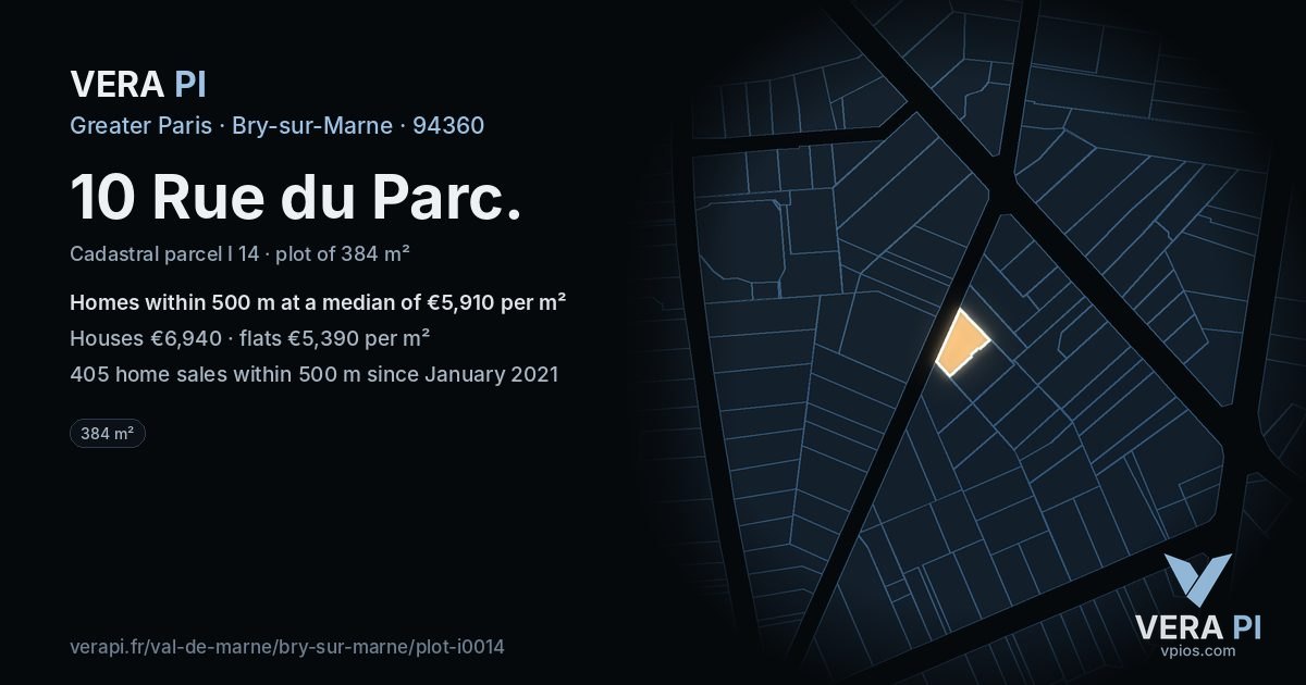 10 Rue du Parc, Bry-sur-Marne at night – the plot lit, the parcels around coloured by the prices near them