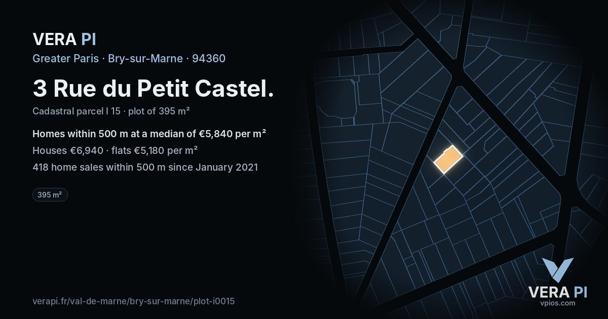 3 Rue du Petit Castel, Bry-sur-Marne at night – the plot lit, the parcels around coloured by the prices near them