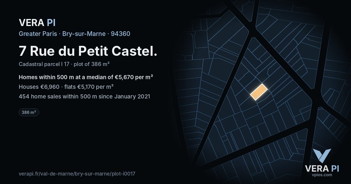 7 Rue du Petit Castel, Bry-sur-Marne at night – the plot lit, the parcels around coloured by the prices near them