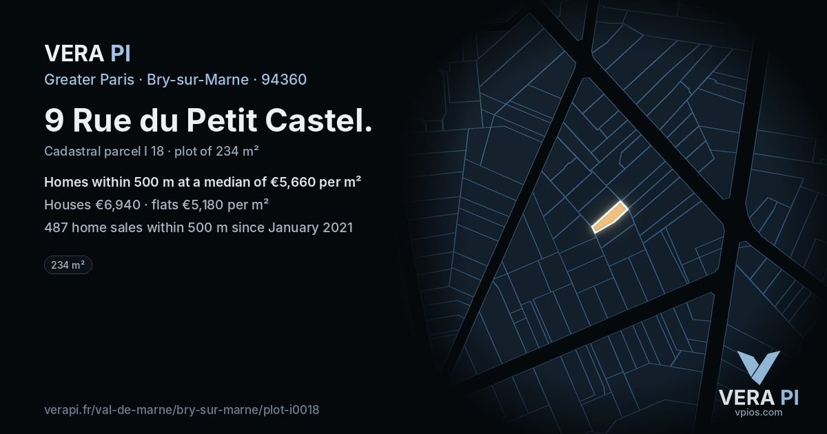9 Rue du Petit Castel, Bry-sur-Marne at night – the plot lit, the parcels around coloured by the prices near them