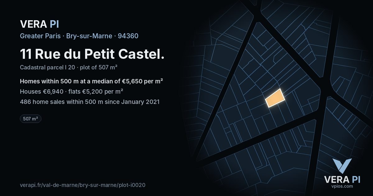11 Rue du Petit Castel, Bry-sur-Marne at night – the plot lit, the parcels around coloured by the prices near them