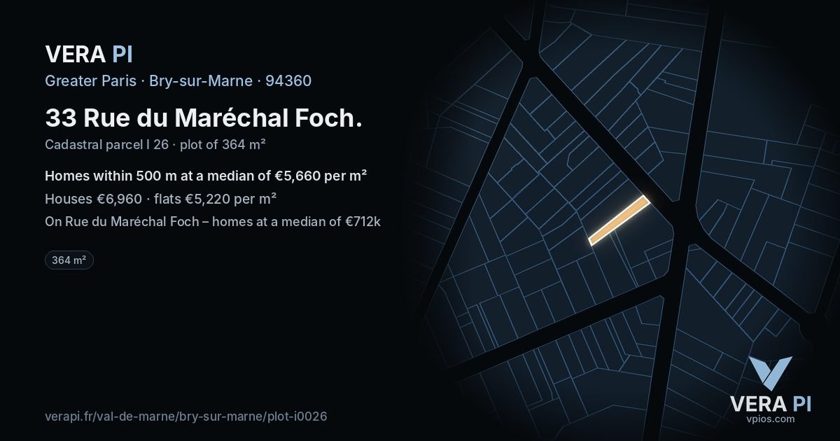 33 Rue du Maréchal Foch, Bry-sur-Marne at night – the plot lit, the parcels around coloured by the prices near them