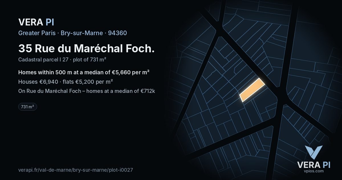 35 Rue du Maréchal Foch, Bry-sur-Marne at night – the plot lit, the parcels around coloured by the prices near them