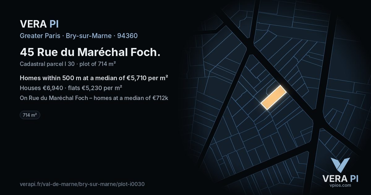 45 Rue du Maréchal Foch, Bry-sur-Marne at night – the plot lit, the parcels around coloured by the prices near them