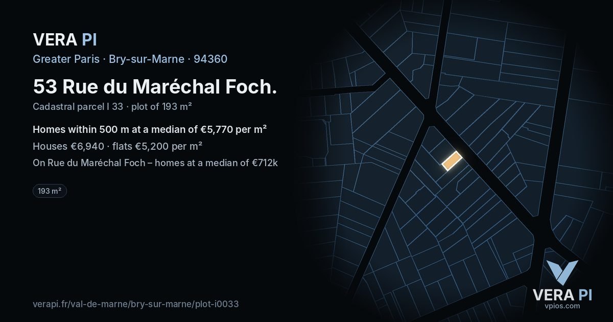53 Rue du Maréchal Foch, Bry-sur-Marne at night – the plot lit, the parcels around coloured by the prices near them