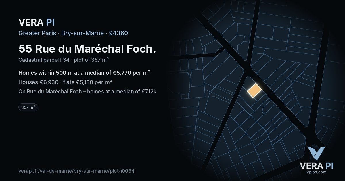 55 Rue du Maréchal Foch, Bry-sur-Marne at night – the plot lit, the parcels around coloured by the prices near them