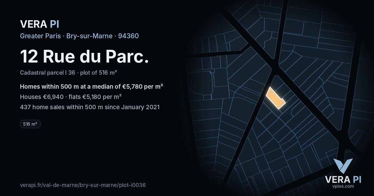 12 Rue du Parc, Bry-sur-Marne at night – the plot lit, the parcels around coloured by the prices near them
