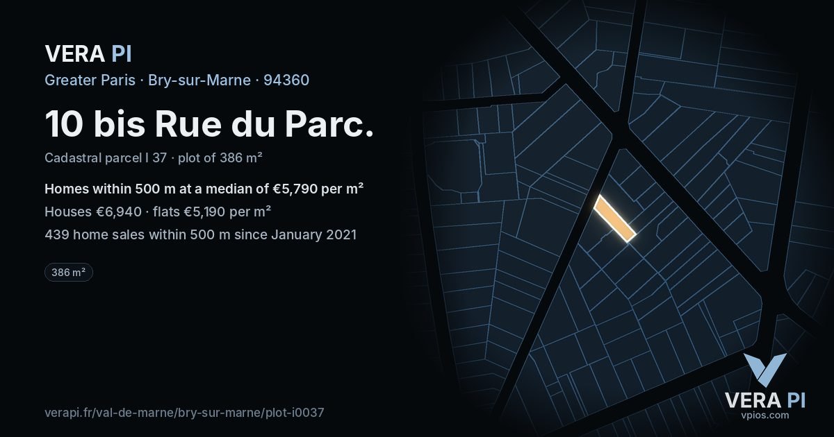 10 bis Rue du Parc, Bry-sur-Marne at night – the plot lit, the parcels around coloured by the prices near them