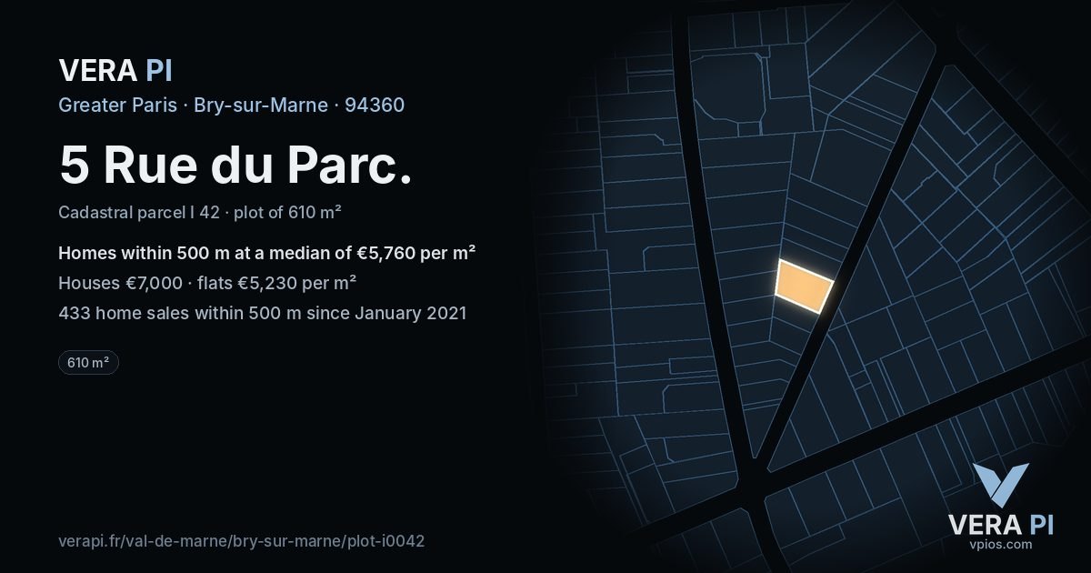 5 Rue du Parc, Bry-sur-Marne at night – the plot lit, the parcels around coloured by the prices near them