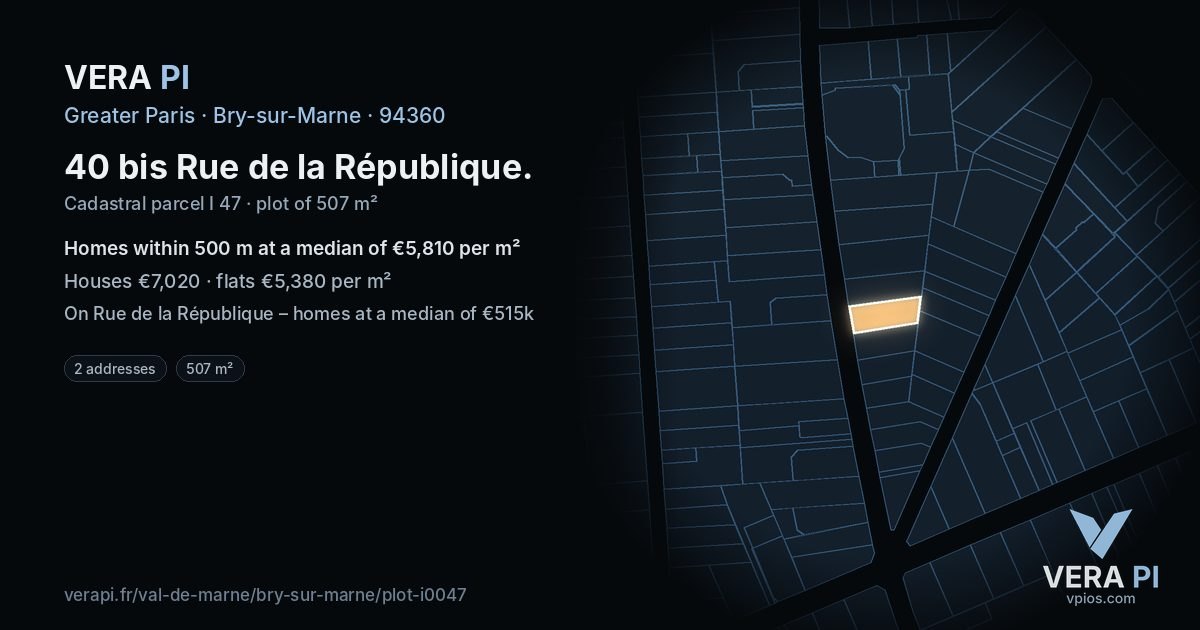 40 bis Rue de la République, Bry-sur-Marne at night – the plot lit, the parcels around coloured by the prices near them