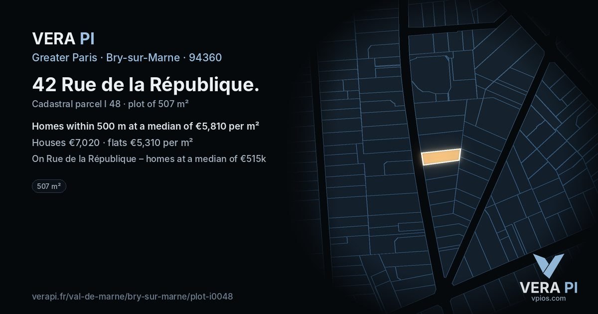 42 Rue de la République, Bry-sur-Marne at night – the plot lit, the parcels around coloured by the prices near them