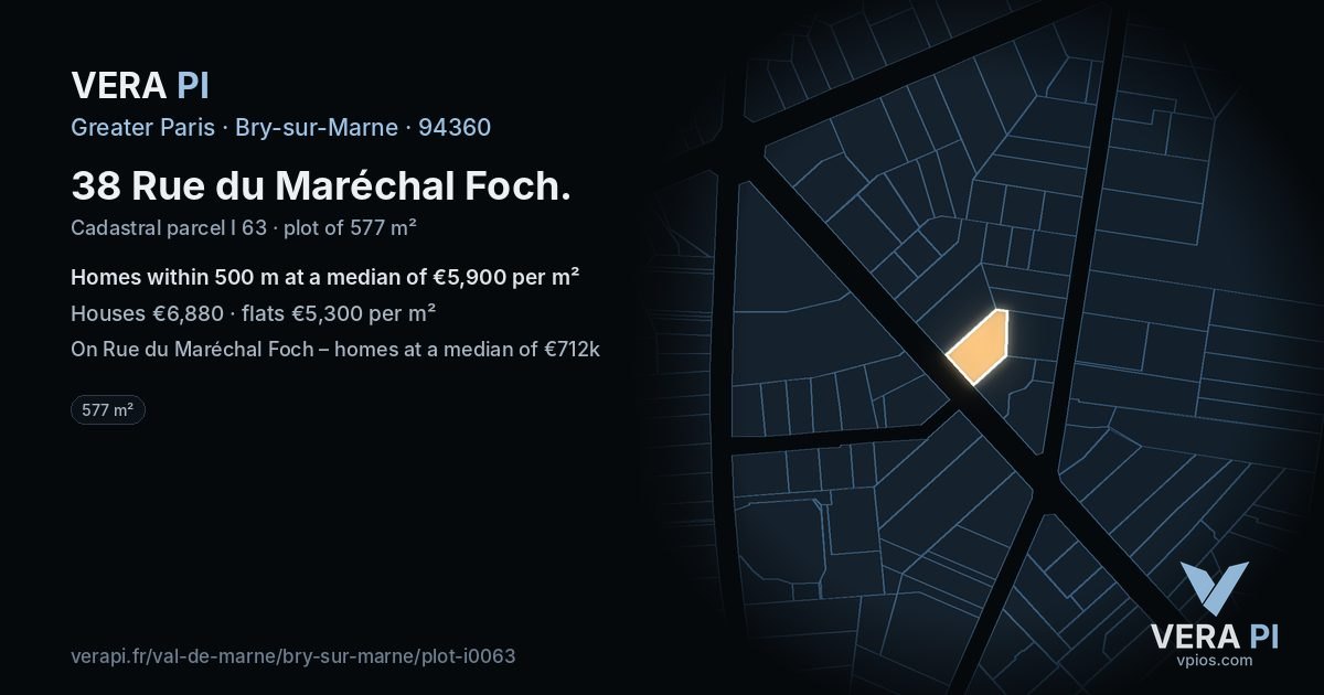38 Rue du Maréchal Foch, Bry-sur-Marne at night – the plot lit, the parcels around coloured by the prices near them