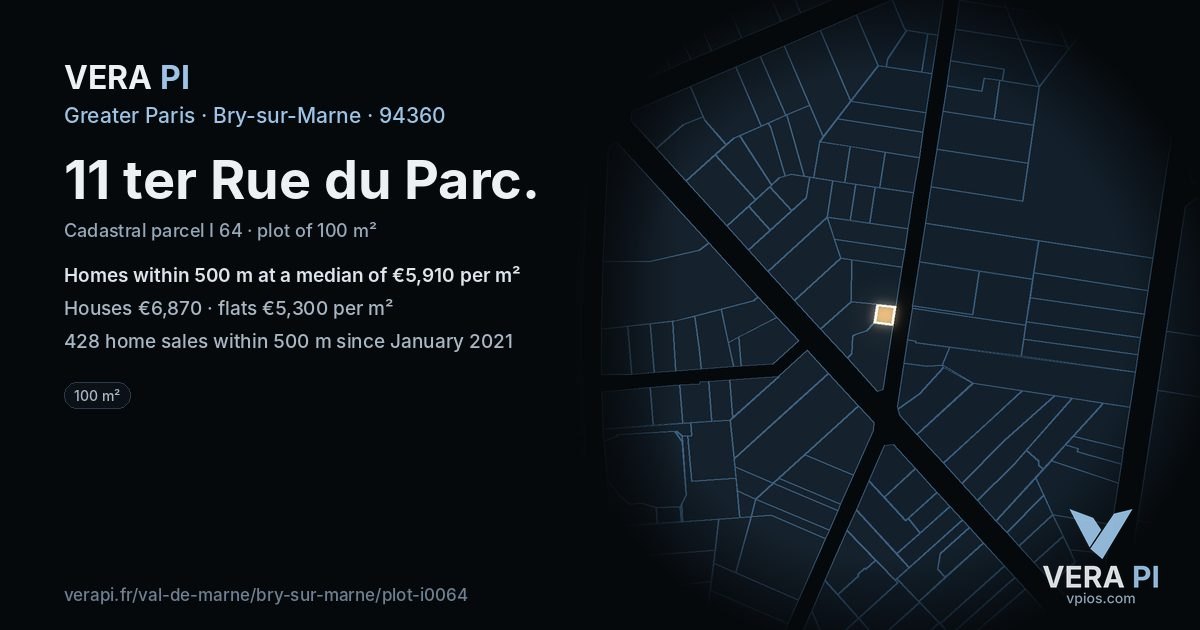11 ter Rue du Parc, Bry-sur-Marne at night – the plot lit, the parcels around coloured by the prices near them