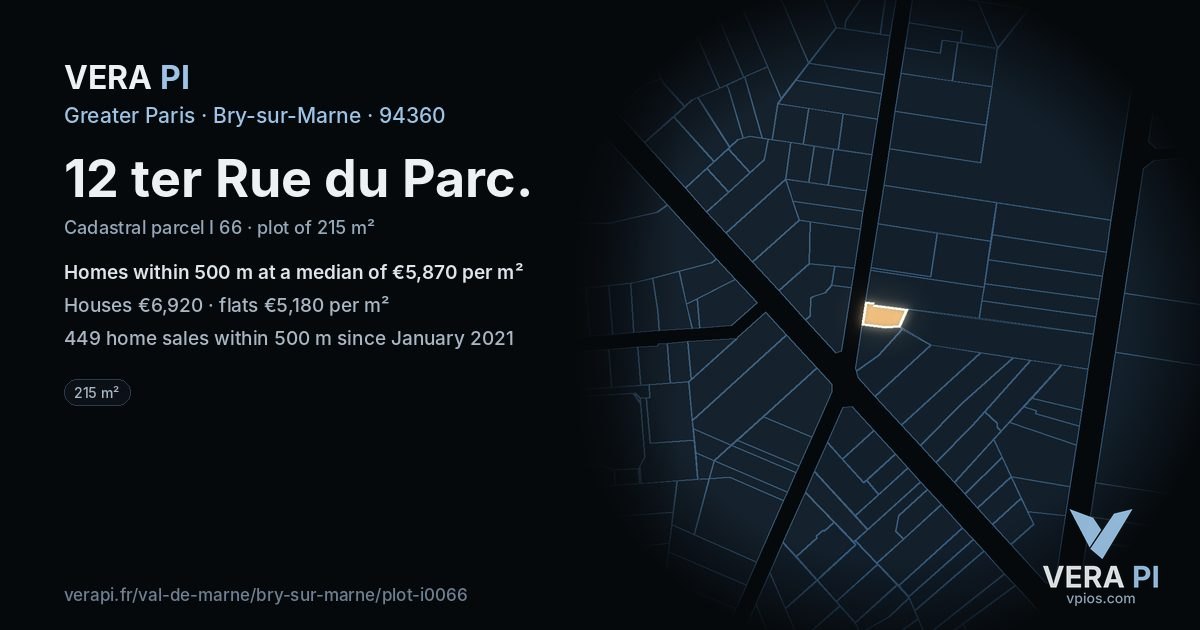 12 ter Rue du Parc, Bry-sur-Marne at night – the plot lit, the parcels around coloured by the prices near them