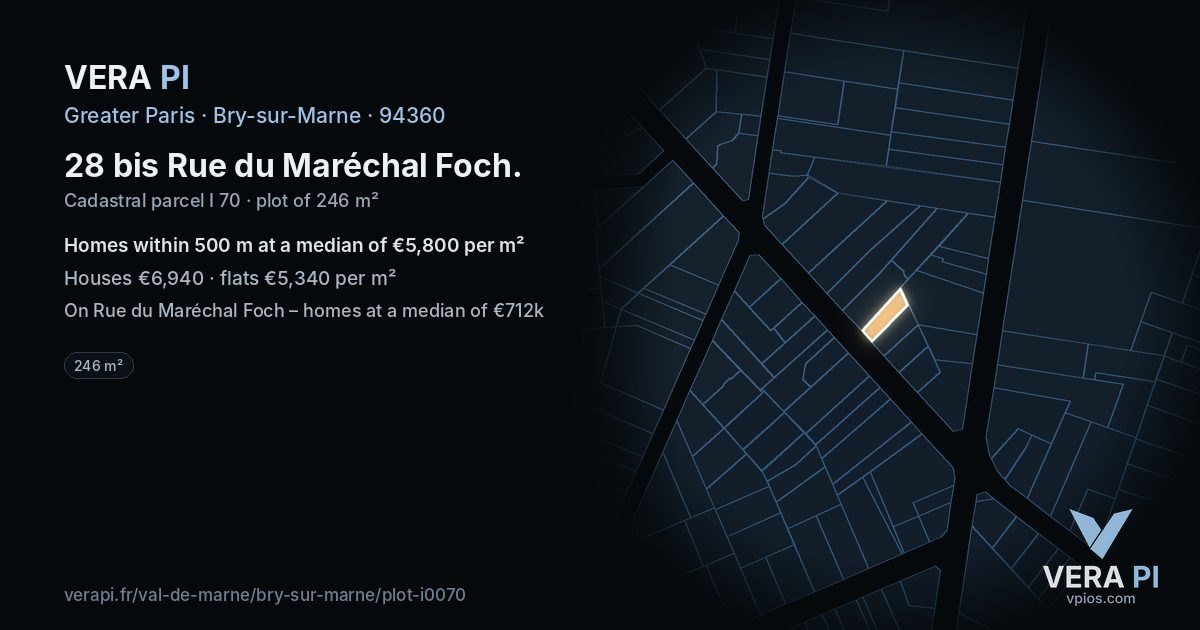 28 bis Rue du Maréchal Foch, Bry-sur-Marne at night – the plot lit, the parcels around coloured by the prices near them