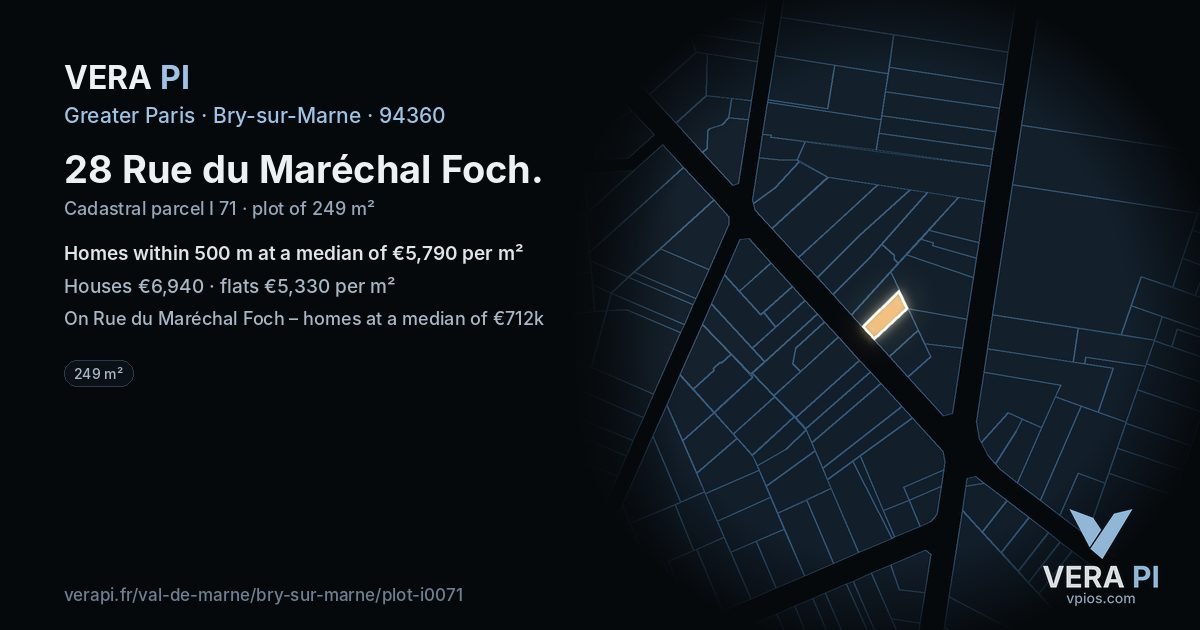 28 Rue du Maréchal Foch, Bry-sur-Marne at night – the plot lit, the parcels around coloured by the prices near them
