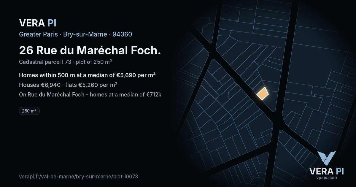 26 Rue du Maréchal Foch, Bry-sur-Marne at night – the plot lit, the parcels around coloured by the prices near them