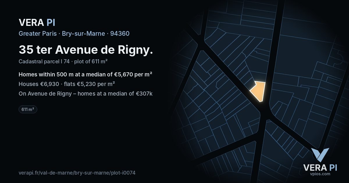 35 ter Avenue de Rigny, Bry-sur-Marne at night – the plot lit, the parcels around coloured by the prices near them