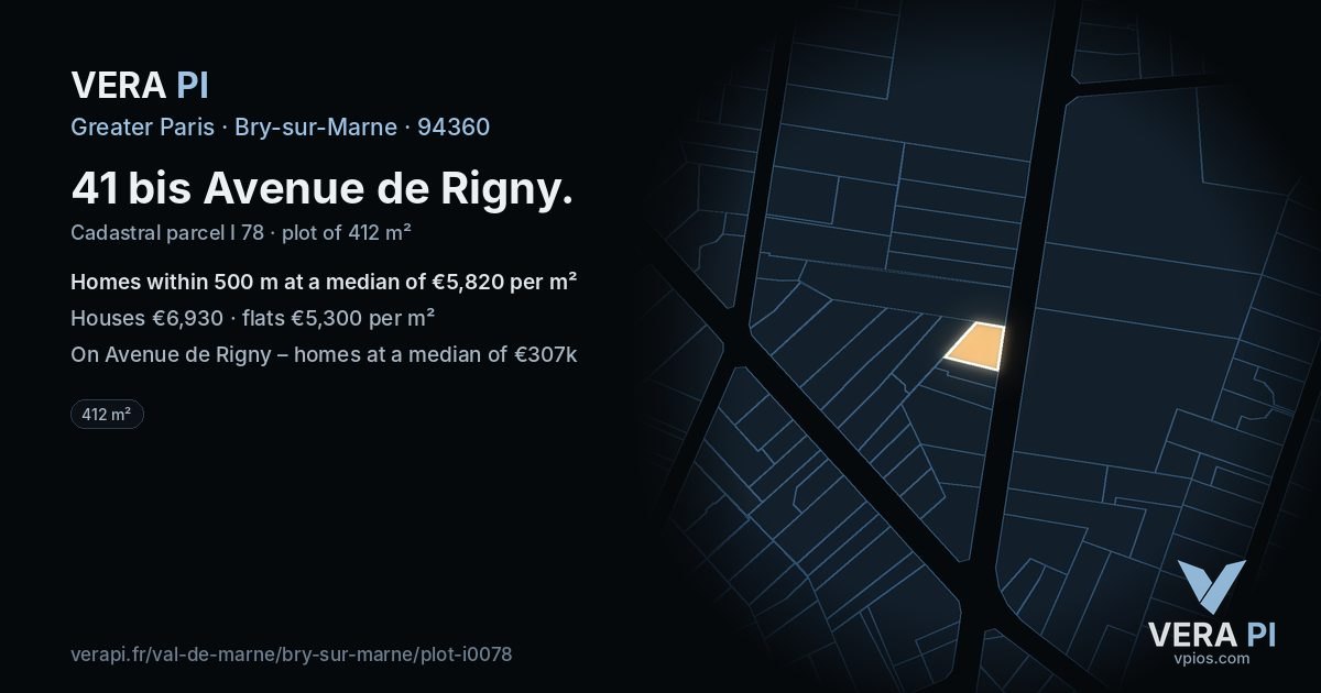 41 bis Avenue de Rigny, Bry-sur-Marne at night – the plot lit, the parcels around coloured by the prices near them