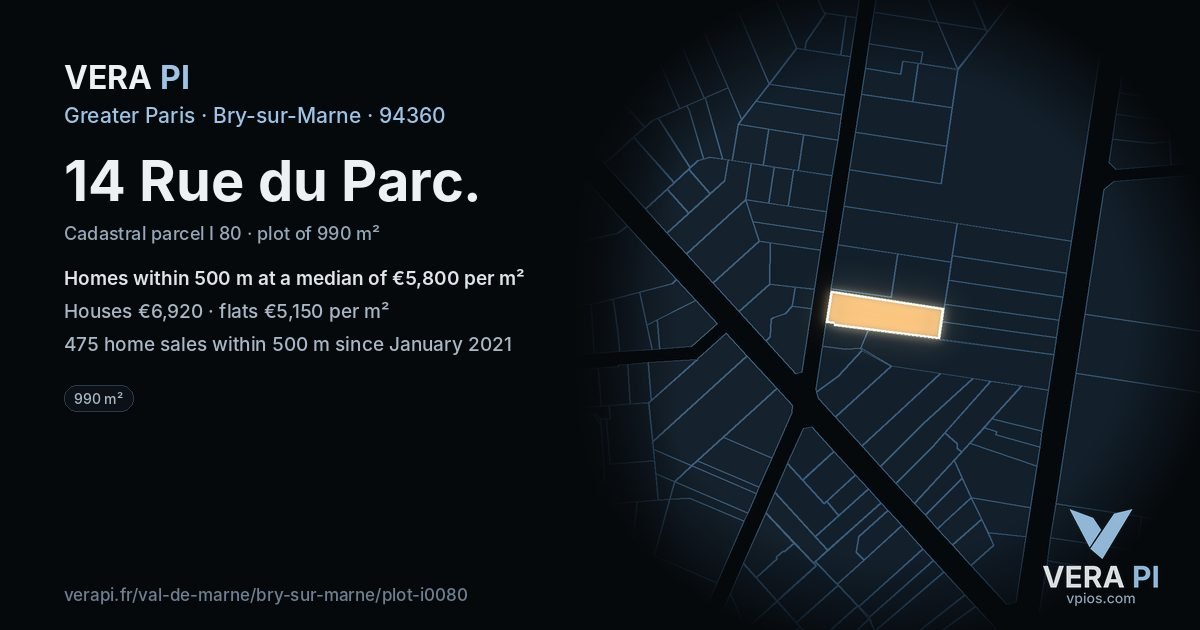 14 Rue du Parc, Bry-sur-Marne at night – the plot lit, the parcels around coloured by the prices near them
