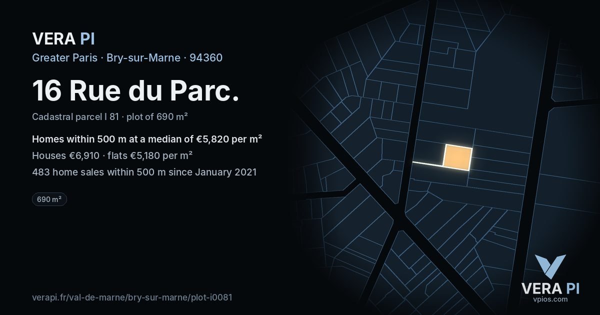 16 Rue du Parc, Bry-sur-Marne at night – the plot lit, the parcels around coloured by the prices near them