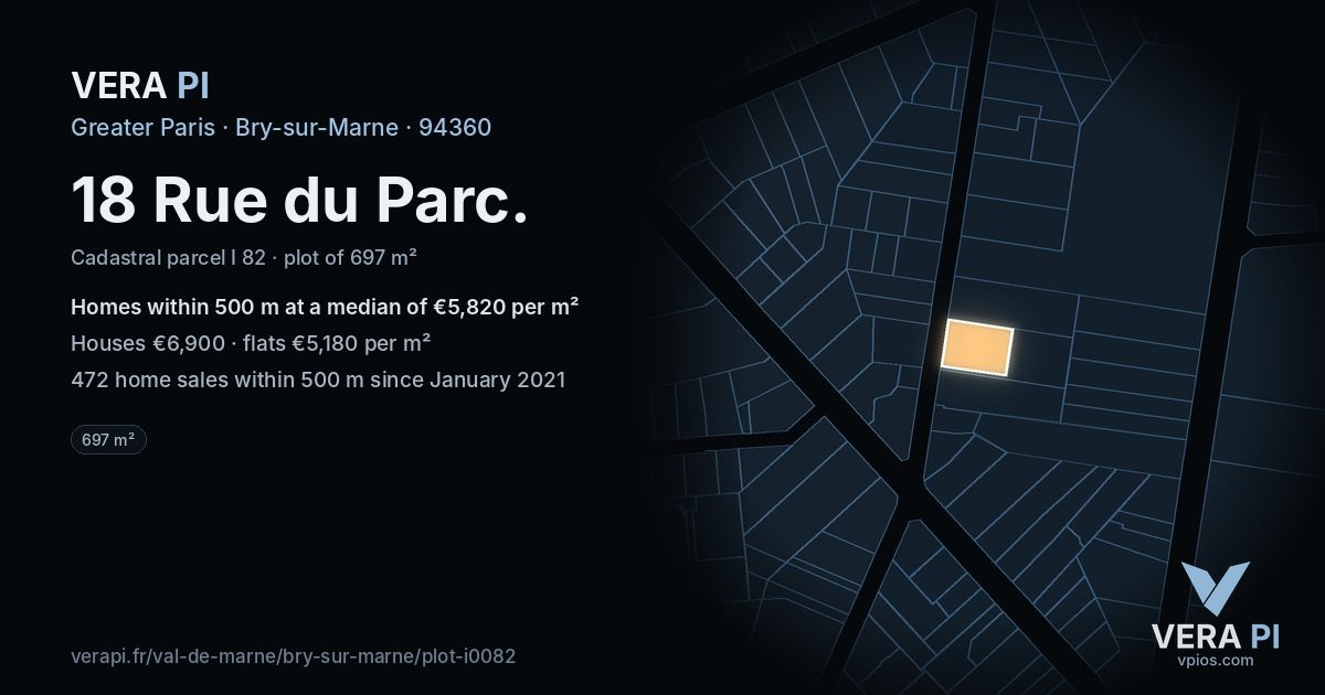 18 Rue du Parc, Bry-sur-Marne at night – the plot lit, the parcels around coloured by the prices near them